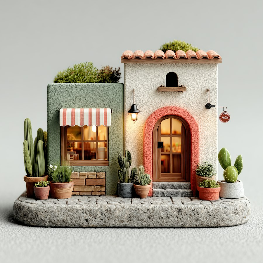 Miniature desert storefront with a striped awning, an arched pink door and potted cacti