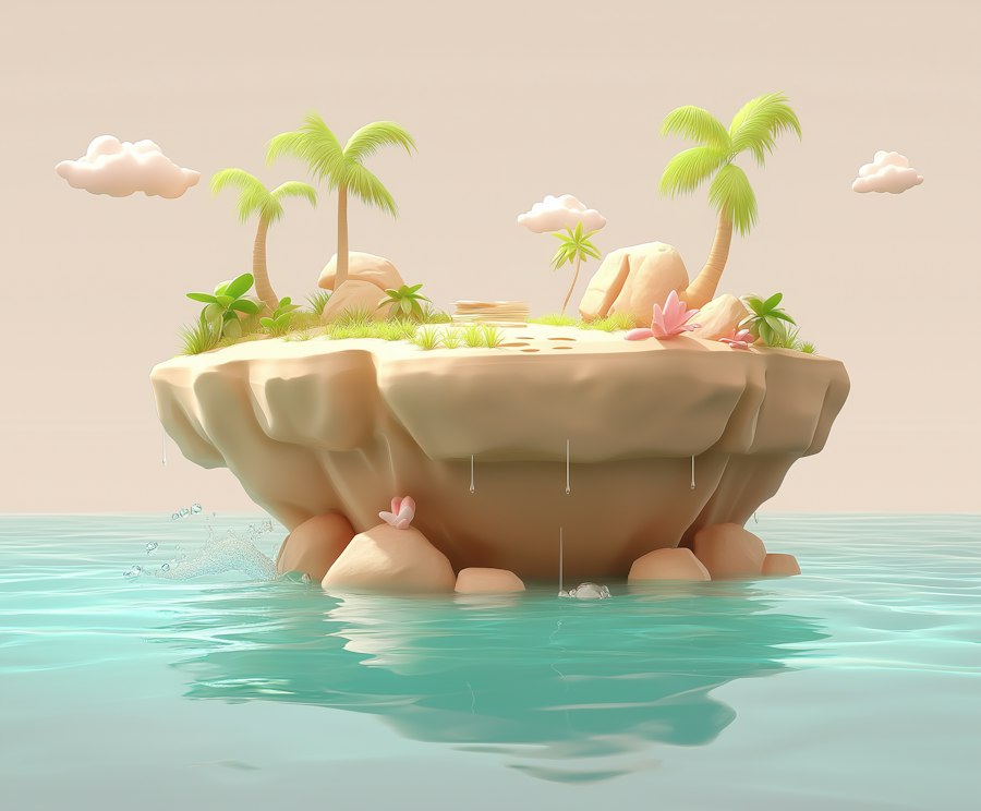 Small sandy island with palm trees and boulders sitting in turquoise water