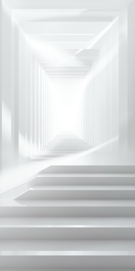 White staircase leading up into a long bright corridor of white frames
