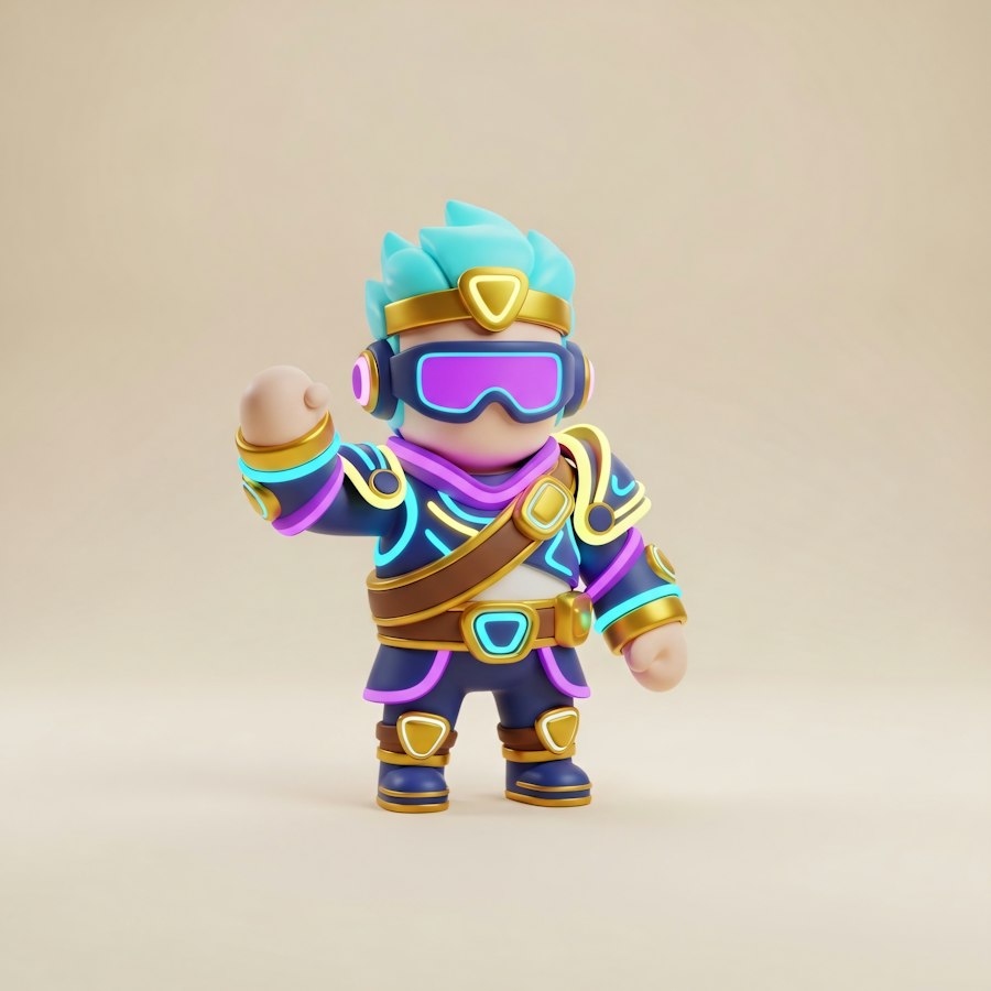Toy-like character in navy and gold armor with glowing cyan trim and purple goggles
