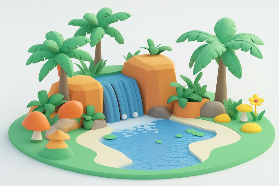 Round grassy island with a blue waterfall, a pool, palm trees and orange mushrooms