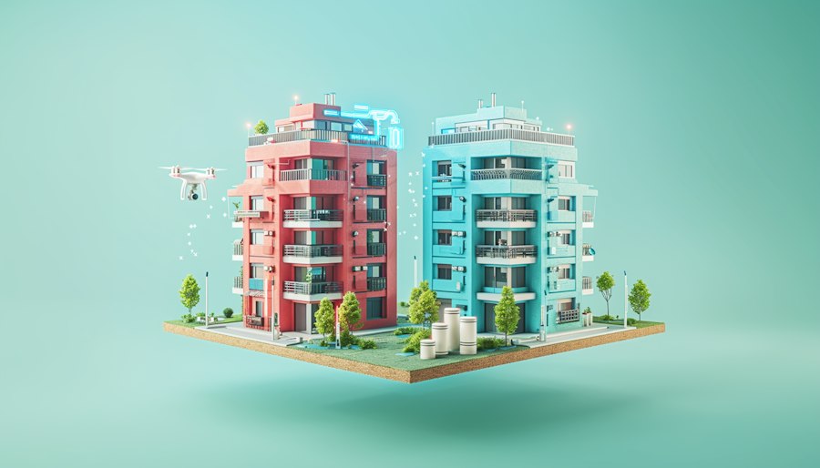 Red and teal apartment buildings on a floating patch of grass with a drone flying nearby