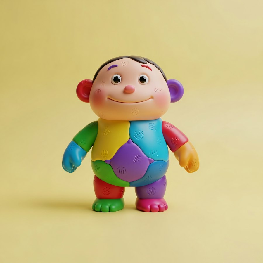 Smiling toy figure made of brightly colored patchwork pieces on a yellow background