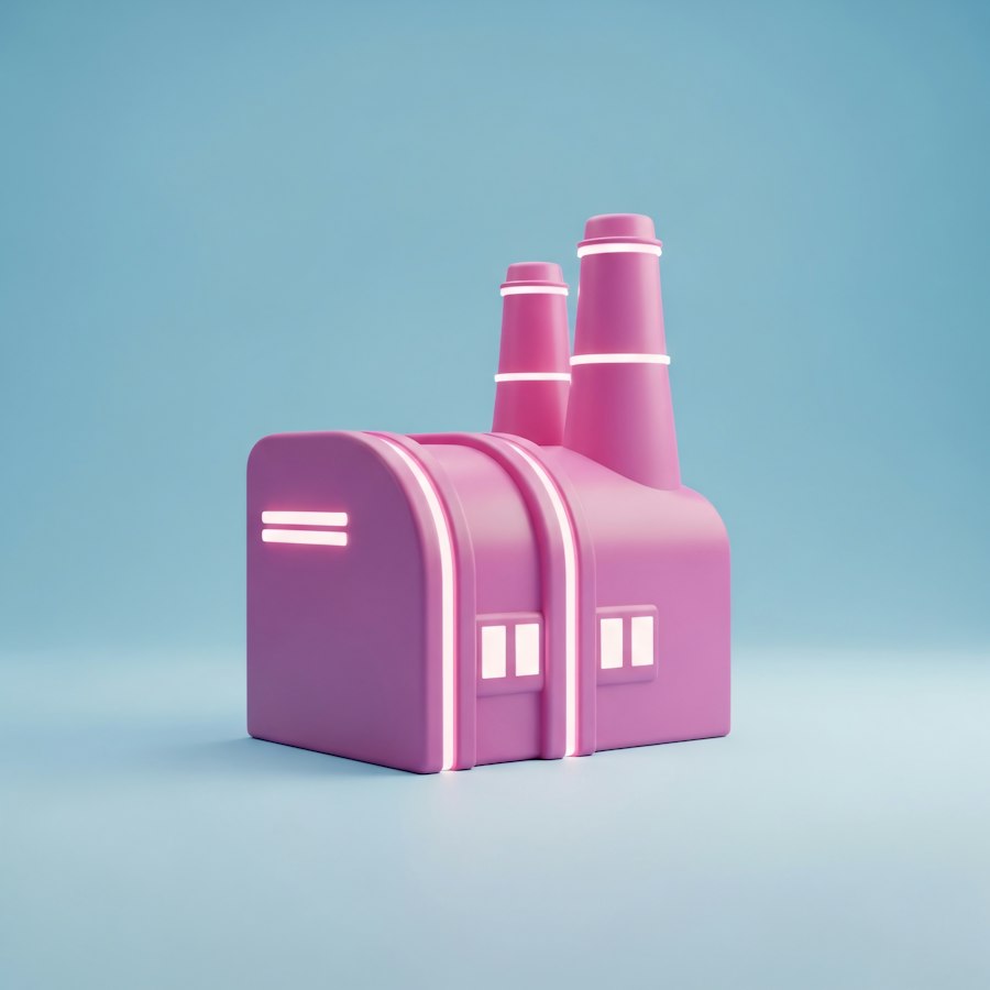 Rounded pink factory building with two smokestacks and glowing white stripes