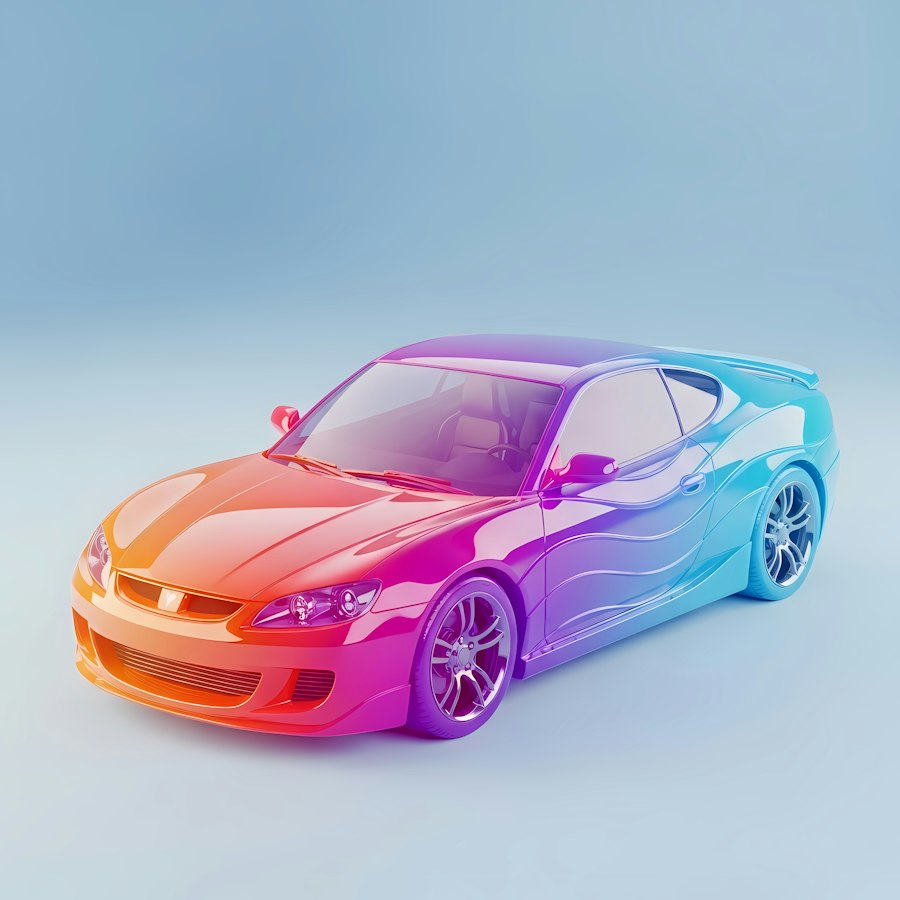 Sports car painted in an orange, pink, purple and blue gradient