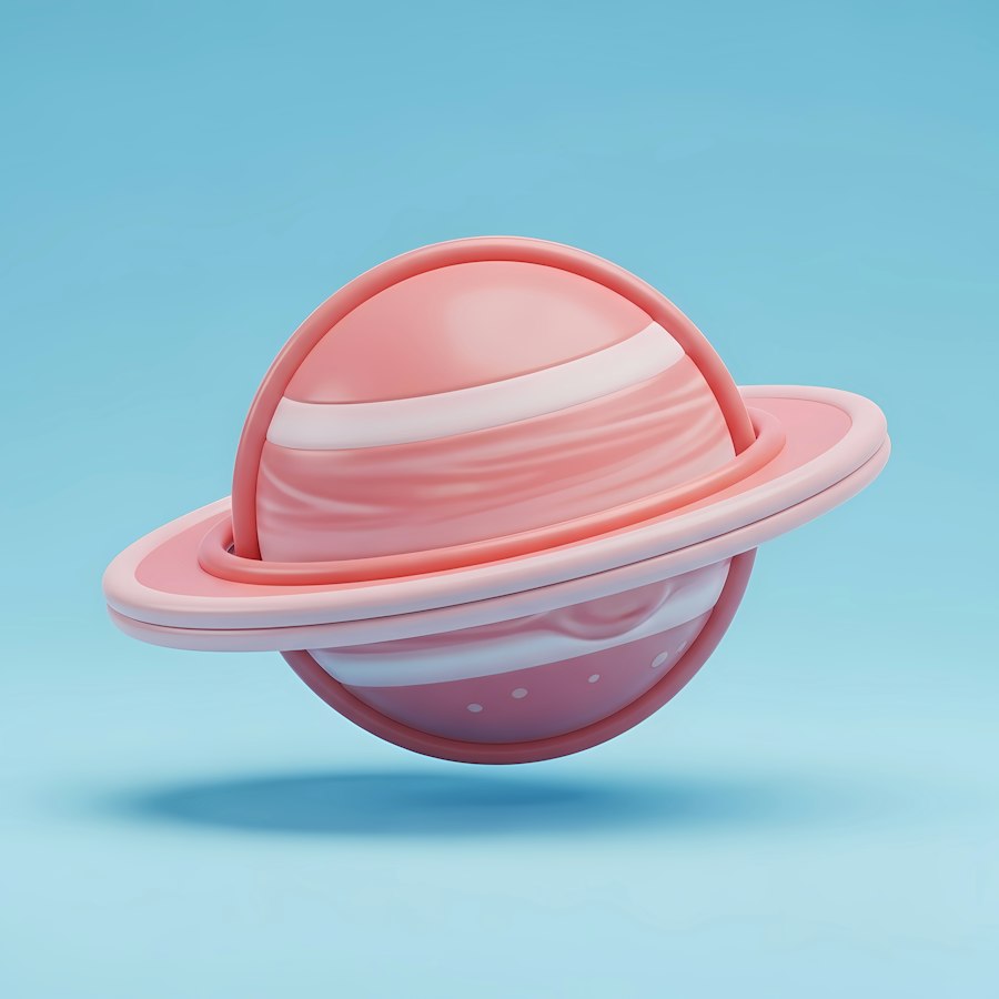 Pink ringed planet floating above a light blue background