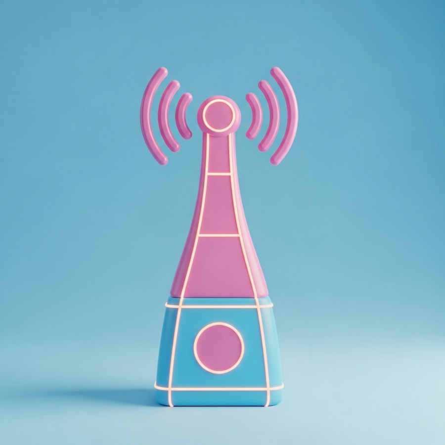 Pink and blue radio tower sending out signal waves