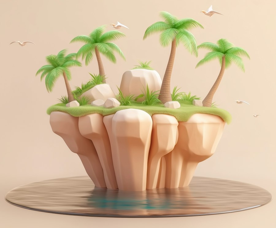 Tall rocky island with palm trees and seabirds standing in shallow water