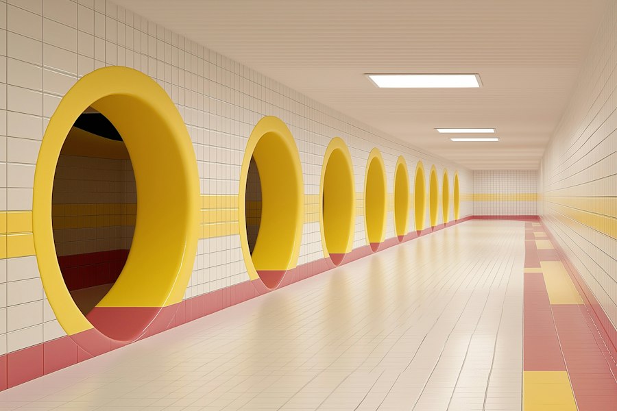 Long tiled corridor with a row of round yellow doorways along one wall