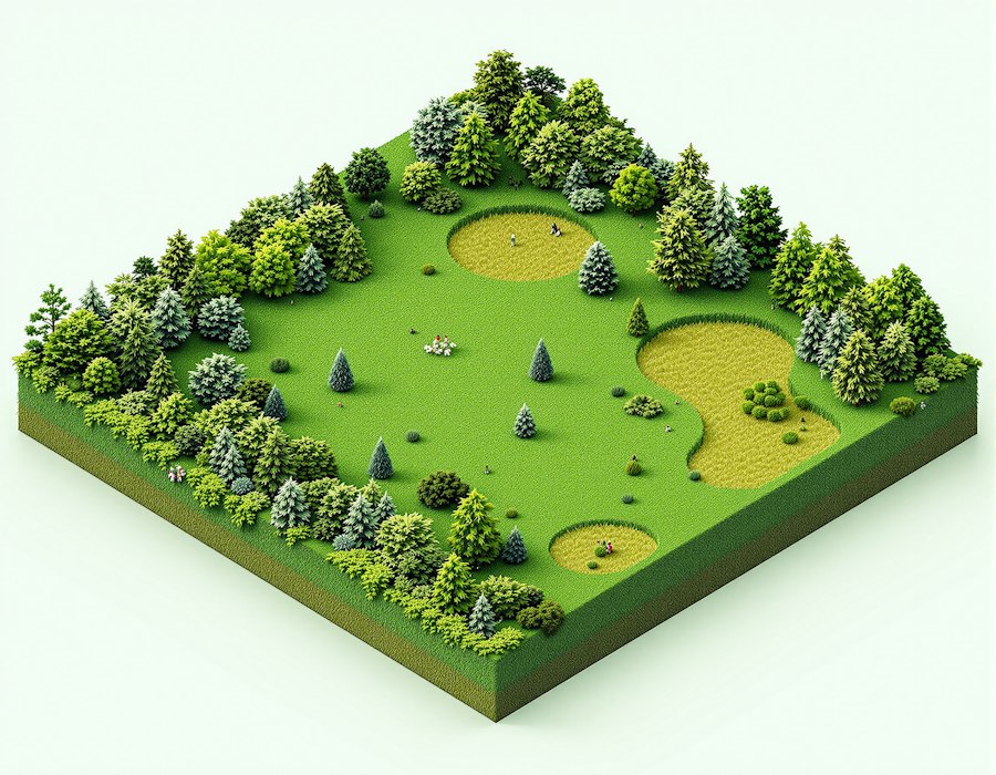 Isometric square of grassland with meadows, surrounded by dense pine forest