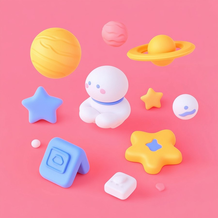 Small white astronaut surrounded by soft planets and stars on a pink background